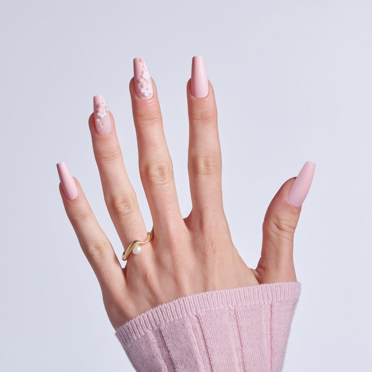 Kiss Luxe Press On Fake Glue Nails - Wandering Tide | 3D & Jewel Design, Pink, Long, Coffin