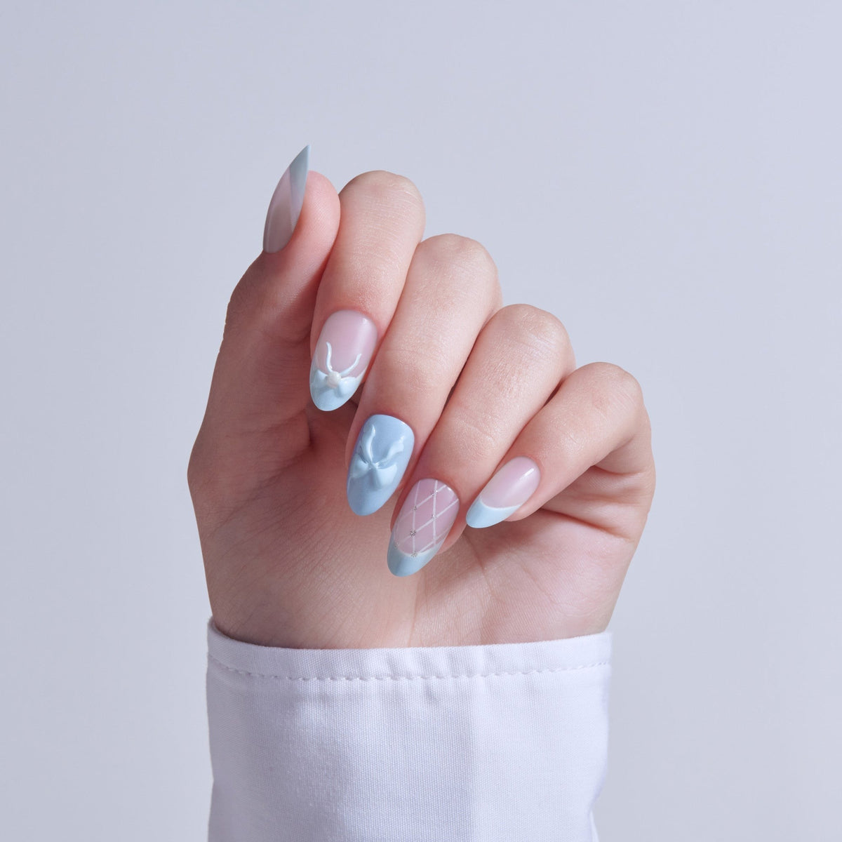 Kiss Nail Drip Press On Fake Glue Nails - Playful Drift | 3D & Jewel French Design, Blue, Medium, Almond