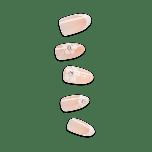 Impress Design No Glue Fake Press On Nails - Buttercup Shine | 3D & Jewel French Design, White, Medium, Almond, Manicure