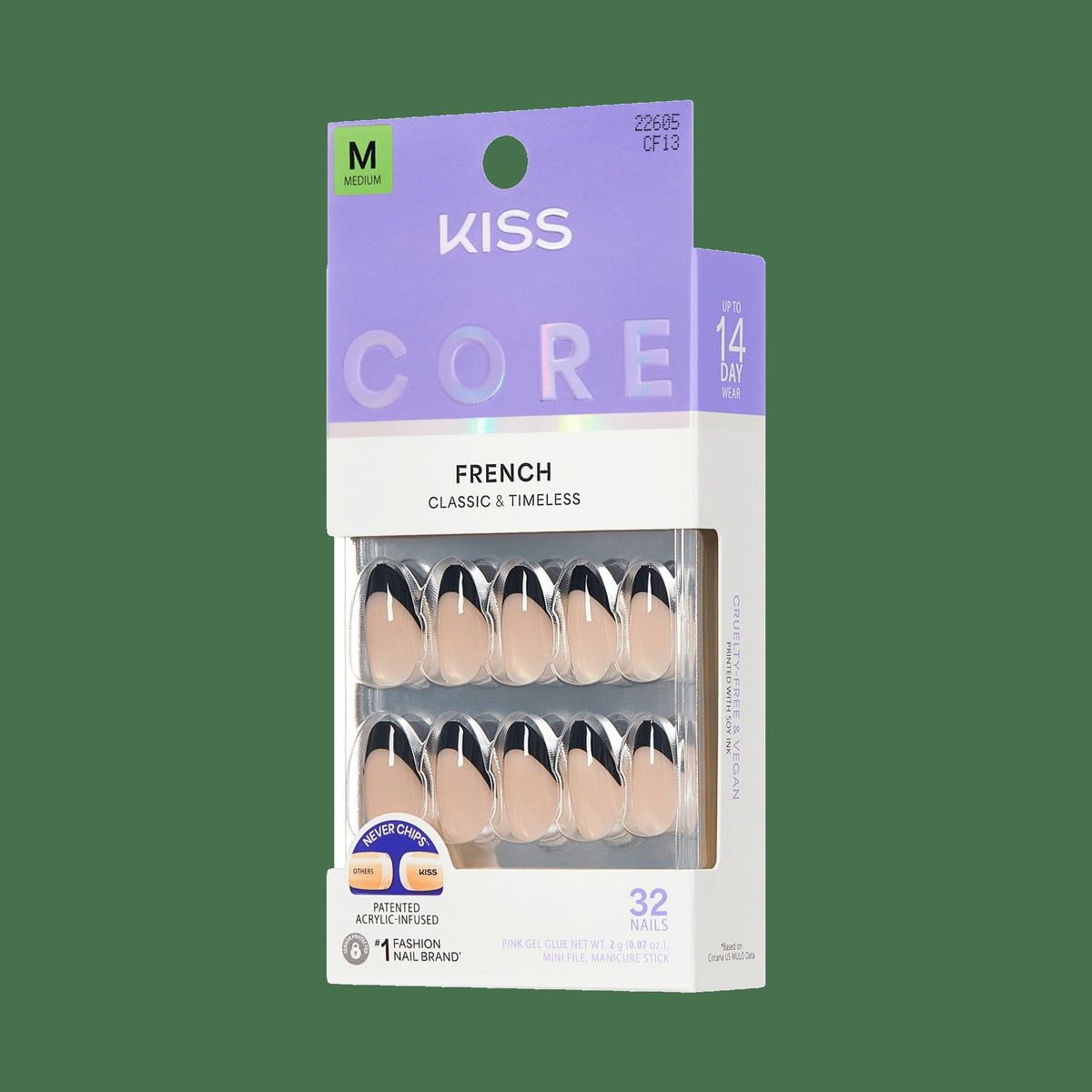 Kiss Core French Press On Fake Glue Nails - Full of Fun | French Tips, Black, Medium, Almond