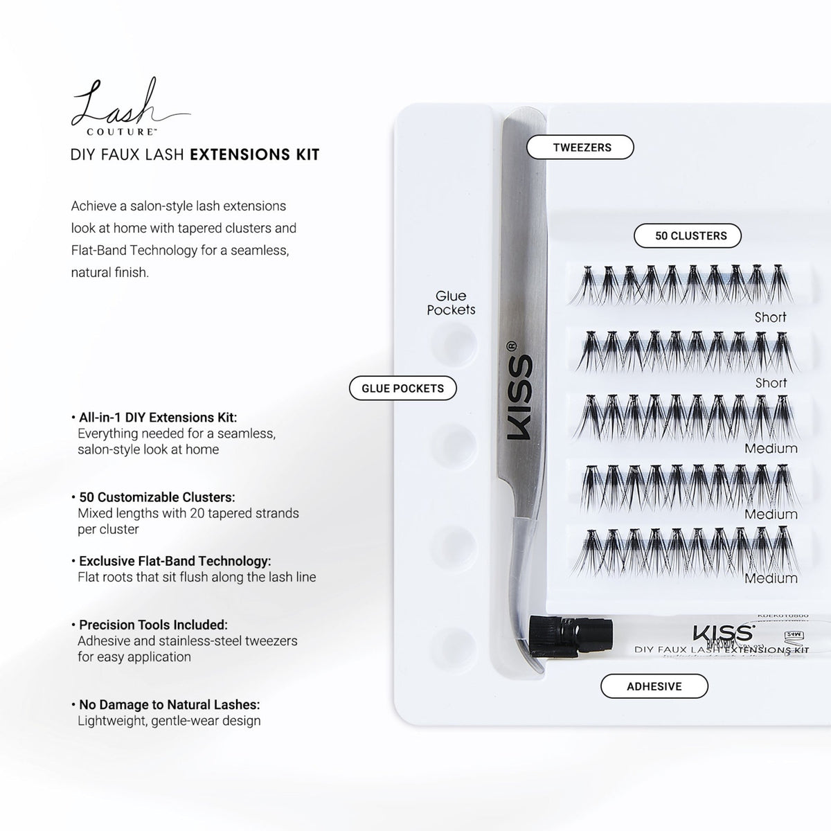 Kiss Lash Couture DIY Faux False Eyelashes Extensions Kit | 50 Clusters, Cluster Lashes, 12mm-14mm