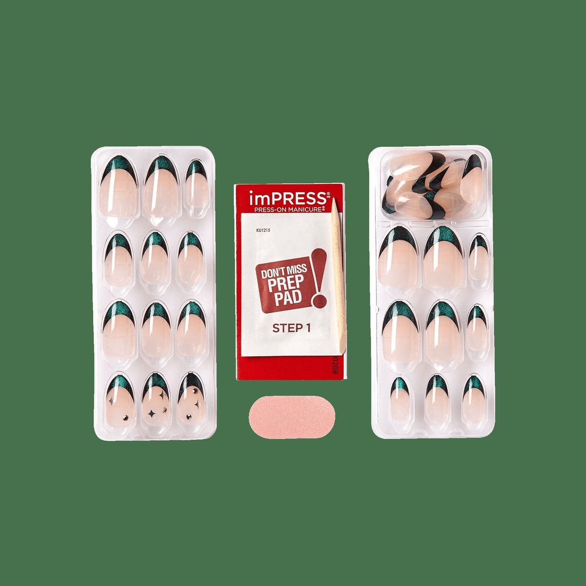 Impress Premium No Glue Fake Press On Nails - Visions | 3D & Jewel French, Metallic Green, Medium, Almond, Manicure
