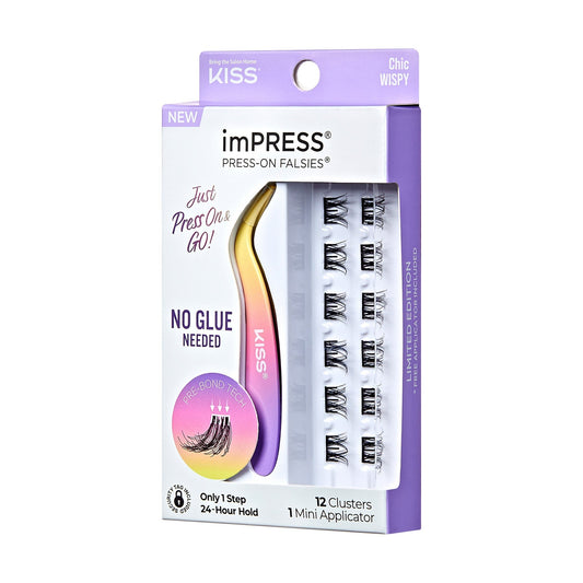 Impress Falsies Pre-Glued False Eyelashes Minipack - Chic | 12 Lash Clusters, With Mini Applicator, 12mm-14mm