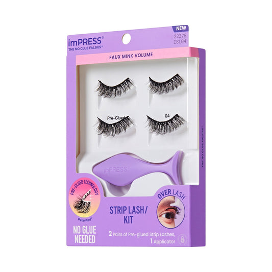 Impress Falsies Pre-Glued Strip False Eyelashes Starter Kit - Faux Mink Volume | 2 Pairs, With Applicator, 12mm