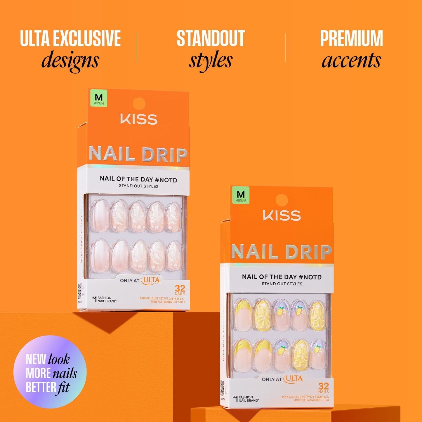 Kiss Nail Drip Press On Fake Glue Nails - Euphoric Leap | 3D & Jewel French Design, Yellow, Medium, Almond