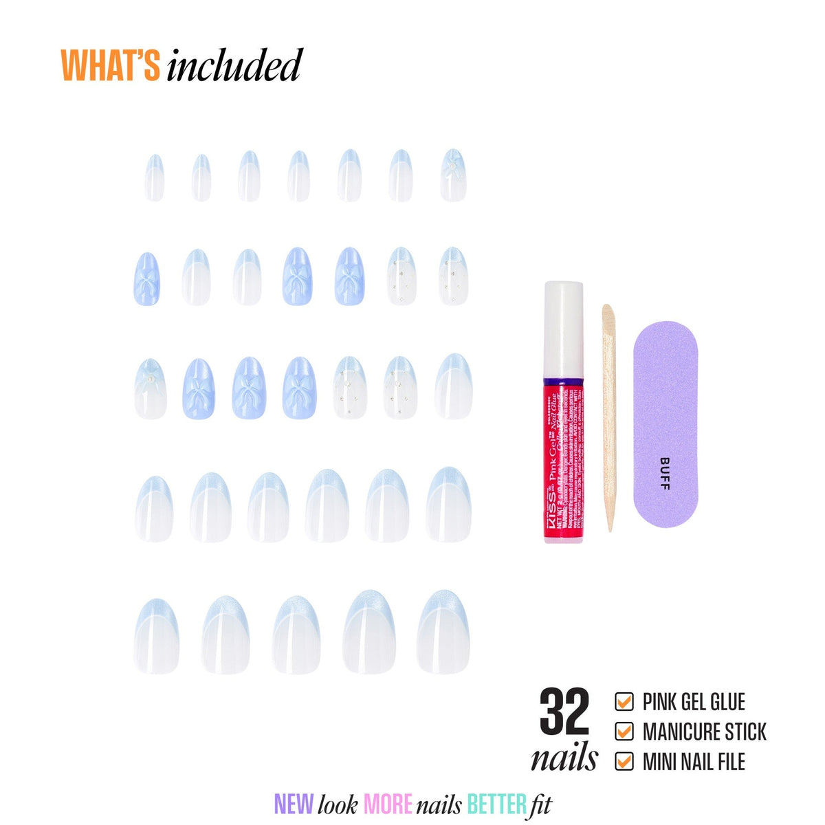 Kiss Nail Drip Press On Fake Glue Nails - Playful Drift | 3D & Jewel French Design, Blue, Medium, Almond