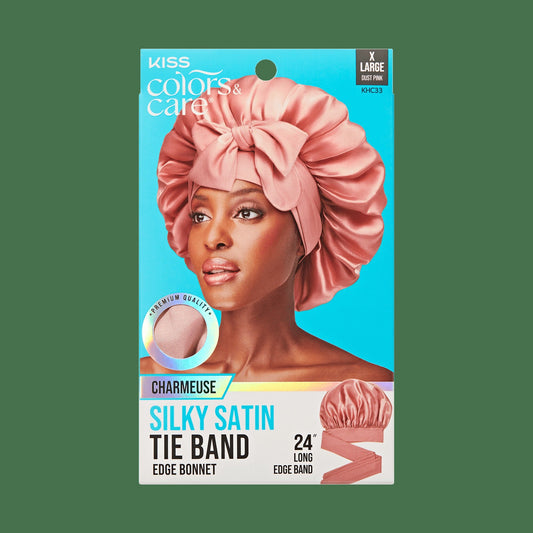 Kiss Colors & Care Silky Satin Tie Band Bonnet, X-Large - Pink | Extra-Large, Silk Bonnet, Sleep Bonnet, Hair Accessories