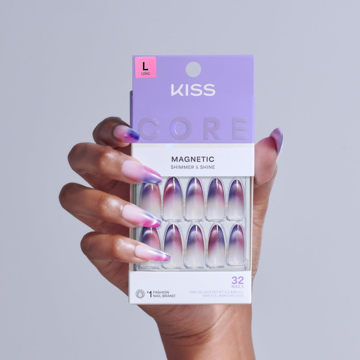 Kiss Core Magnetic Press On Fake Glue Nails - Twinkling Stars | French Magnetic, Purple, Long, Almond