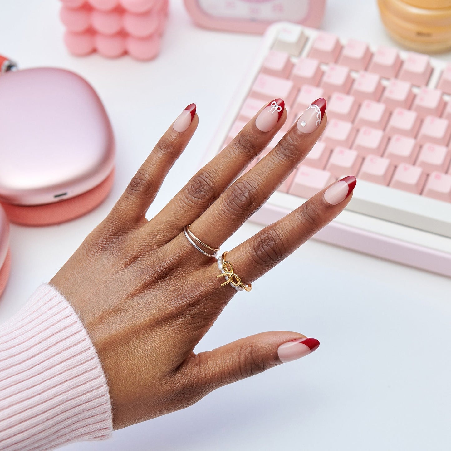 Impress Design No Glue Fake Press On Nails - Buzz | French Design, Red, Medium, Almond, Manicure