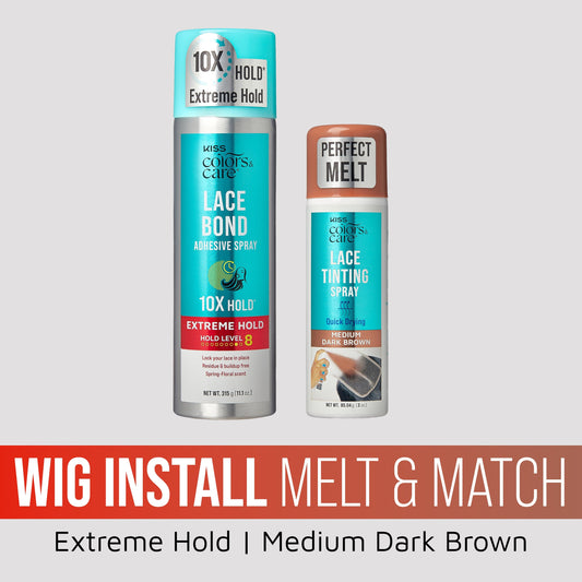 Kiss Colors & Care Wig Install Melt & Match Bundle - Extreme Hold Lace Bond Adhesive Spray & Medium Dark Brown Lace Tinting Spray