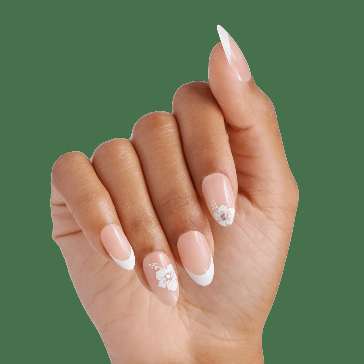 Impress Design No Glue Fake Press On Nails - Buttercup Shine | 3D & Jewel French Design, White, Medium, Almond, Manicure