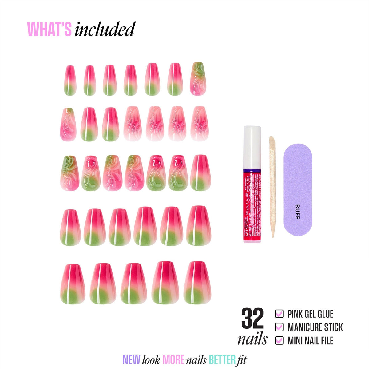 Kiss Glam Jeweled Press On Fake Glue Nails - Coconut Coast | 3D & Jewel Design, Pink & Green, Medium, Coffin