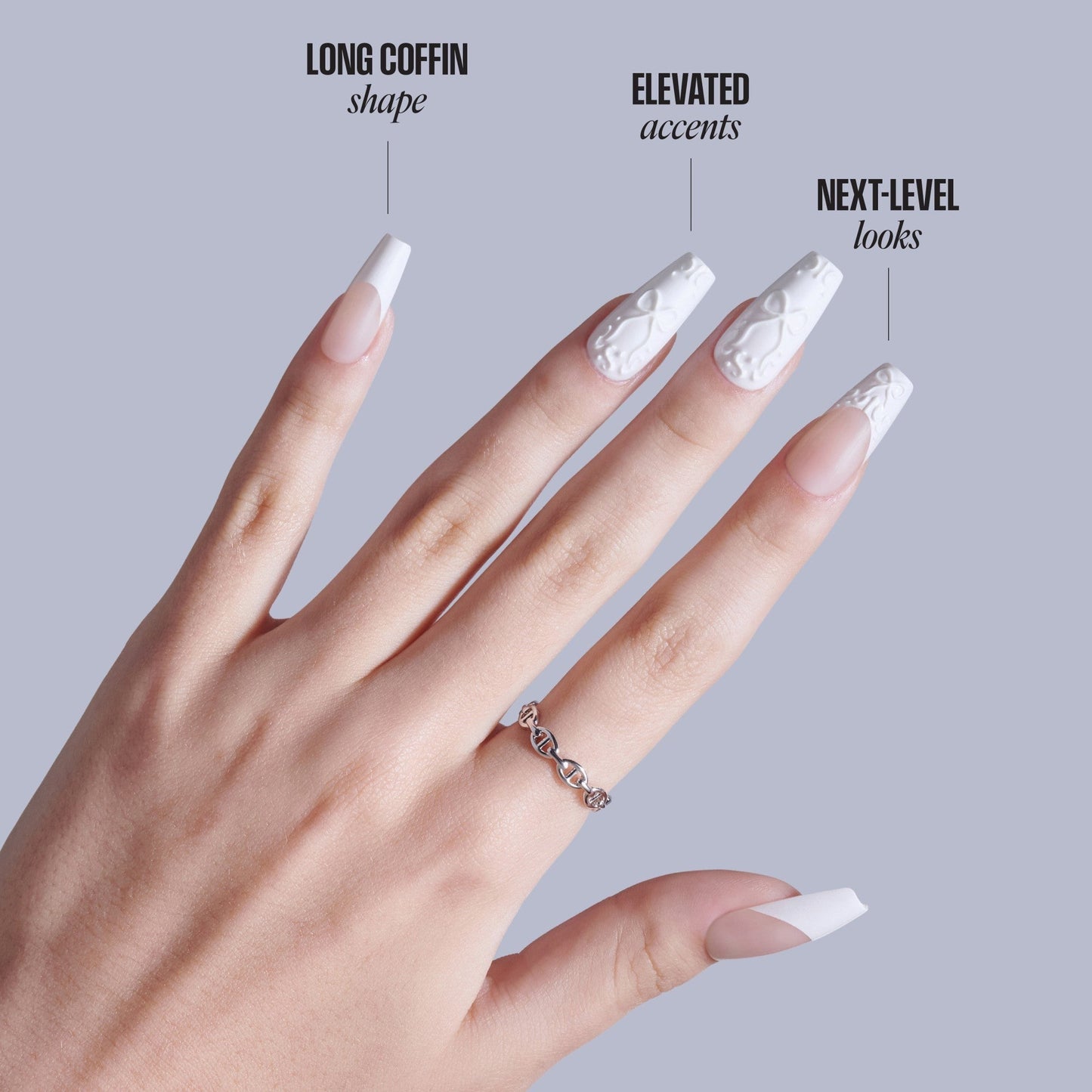 Kiss Glam 3D & Jewel Press On Fake Glue Nails - Breath of Harmony | French, White, Long, Coffin