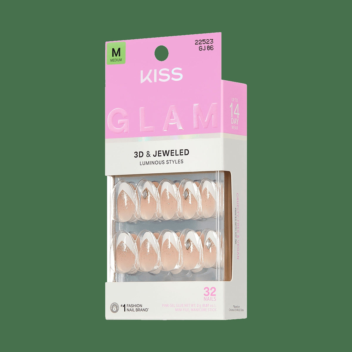 Kiss Glam 3D & Jewel Press On Fake Glue Nails - Applause | 3D & Jewel French Design, White, Medium, Almond