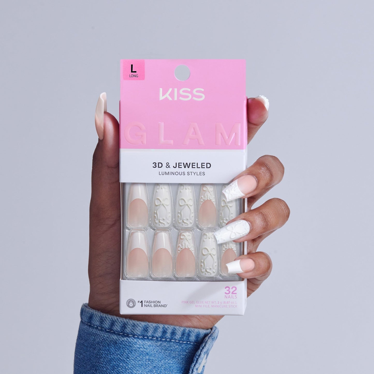 Kiss Glam 3D & Jewel Press On Fake Glue Nails - Breath of Harmony | French, White, Long, Coffin