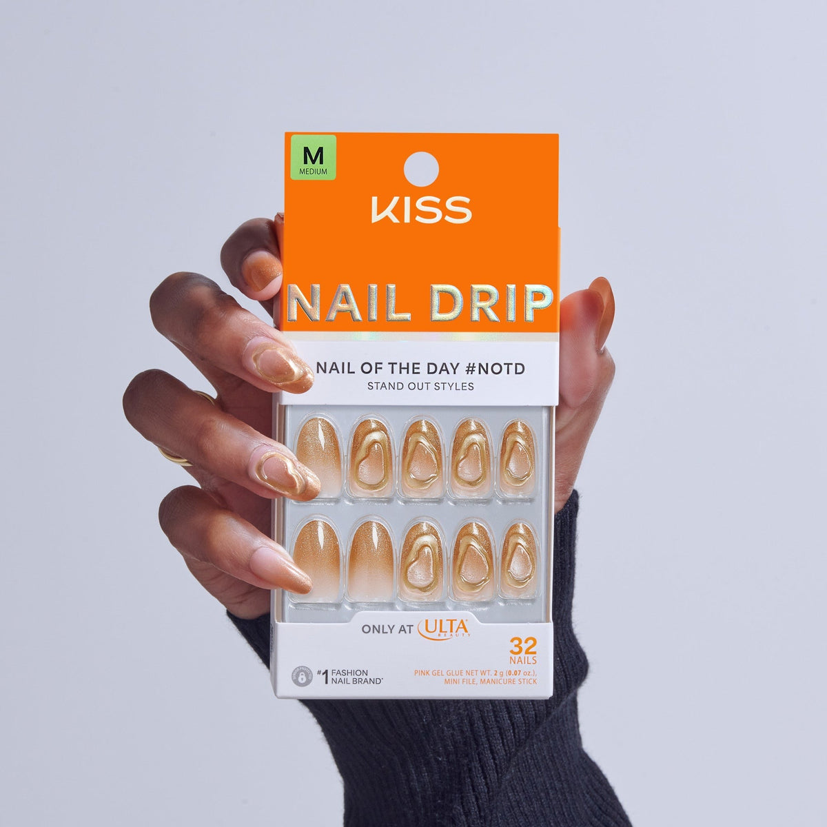 Kiss Nail Drip Press On Fake Glue Nails - Golden Laughter | 3D & Jewel Design, Metallic Gold, Medium, Round