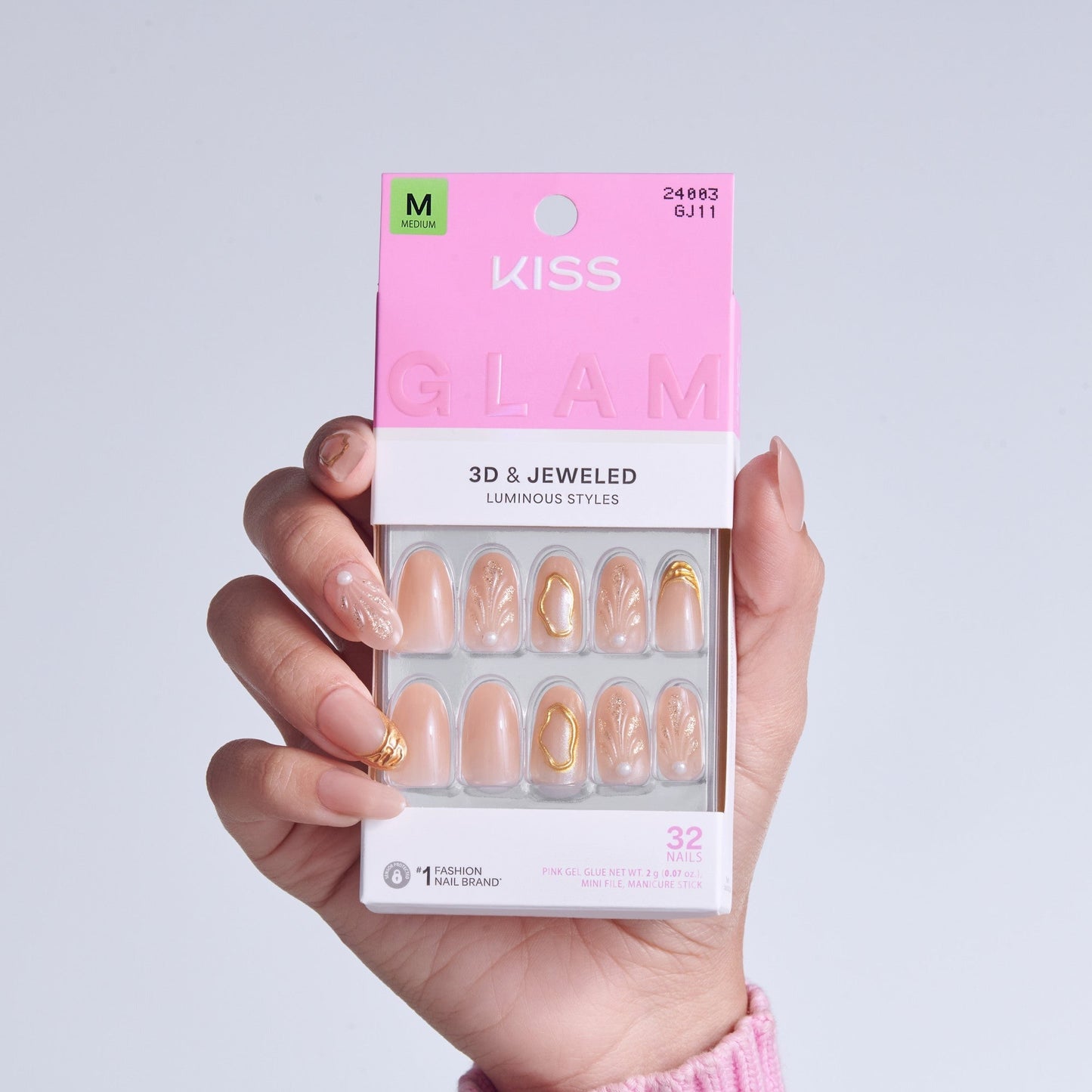 Kiss Glam 3D & Jewel Press On Fake Glue Nails - Blossoming Love | 3D & Jewel Design, Beige & Gold, Medium, Round