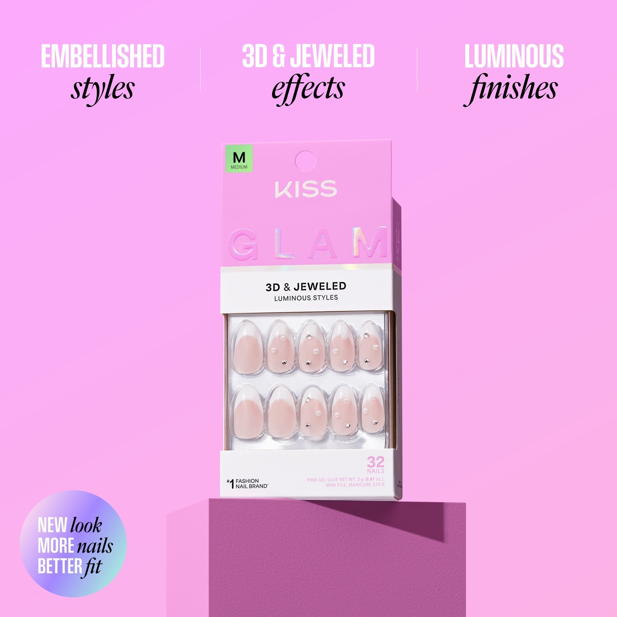 Kiss Glam Jeweled Press On Fake Glue Nails - Starry Chiffon | 3D & Jeweled Design, Pink, Short, Almond