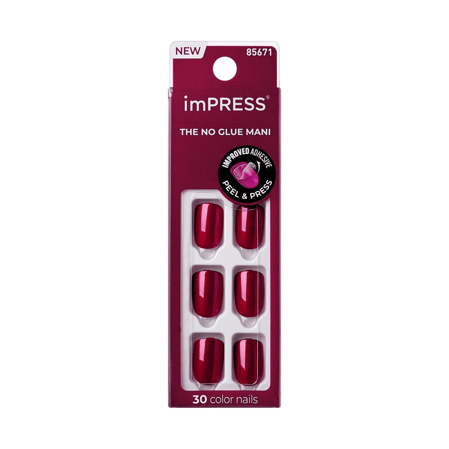 Impress Color No Glue Fake Press On Nails - Red Velvet | Solid, Red, Short, Squoval, Manicure