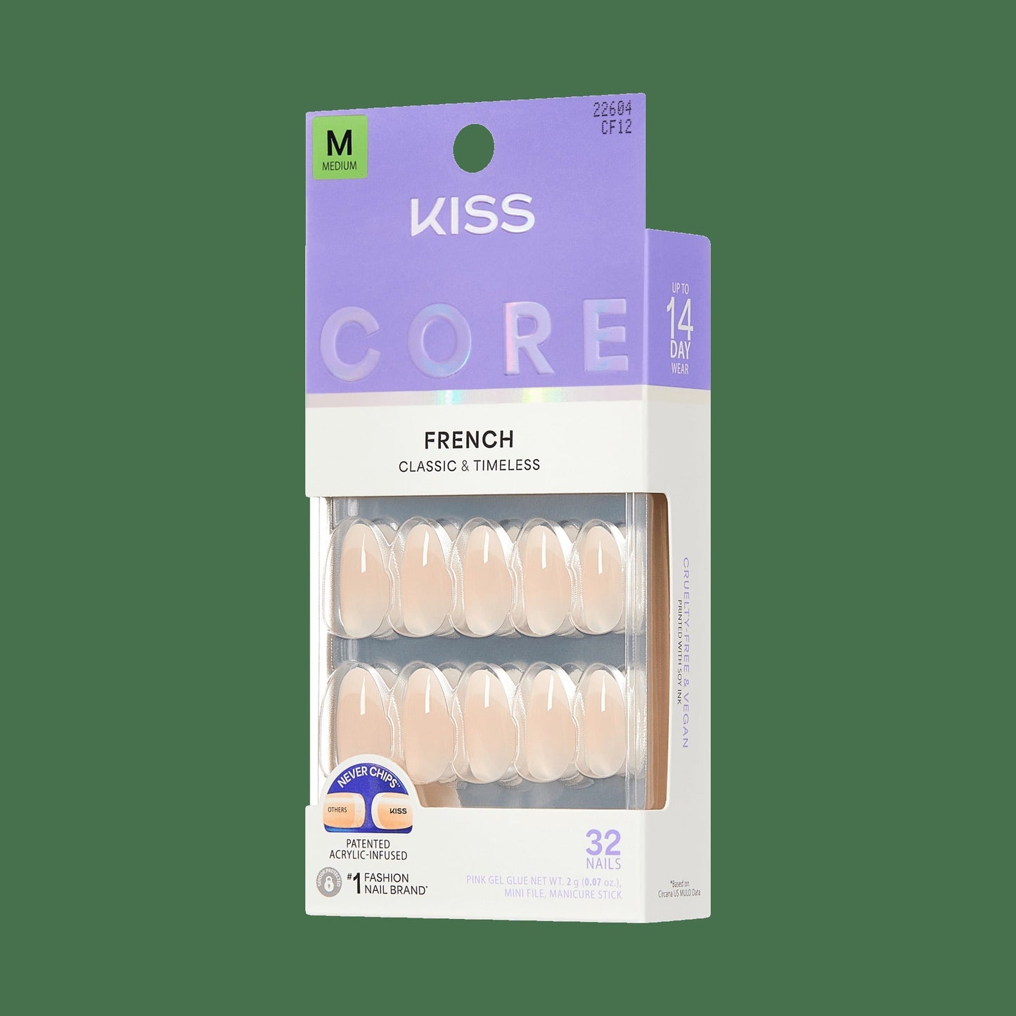 Kiss Core French Press On Fake Glue Nails - Burble | French Tips, White, Medium, Almond