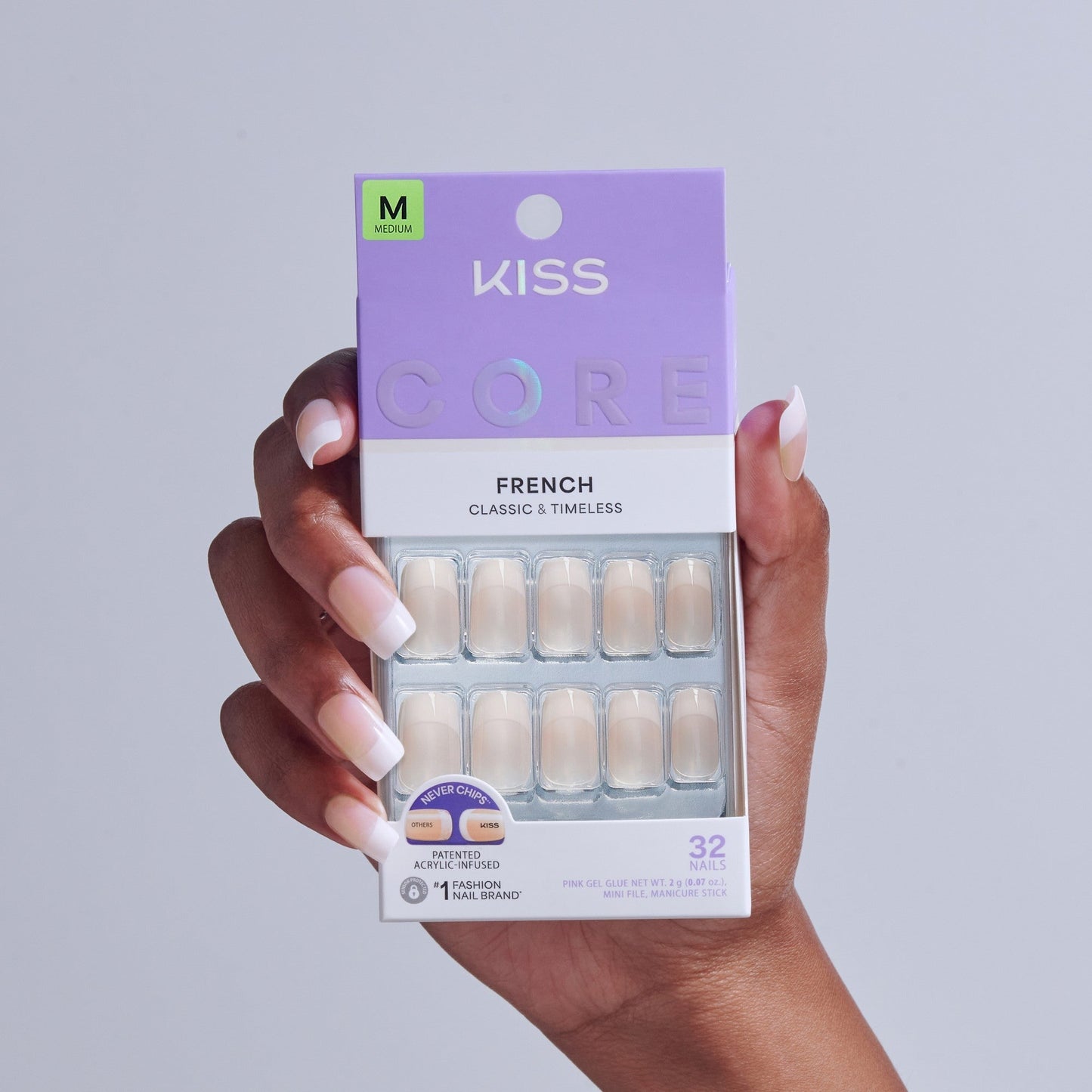 Kiss Core French Press On Fake Glue Nails - Scenario | French Tips, White, Medium, Squoval
