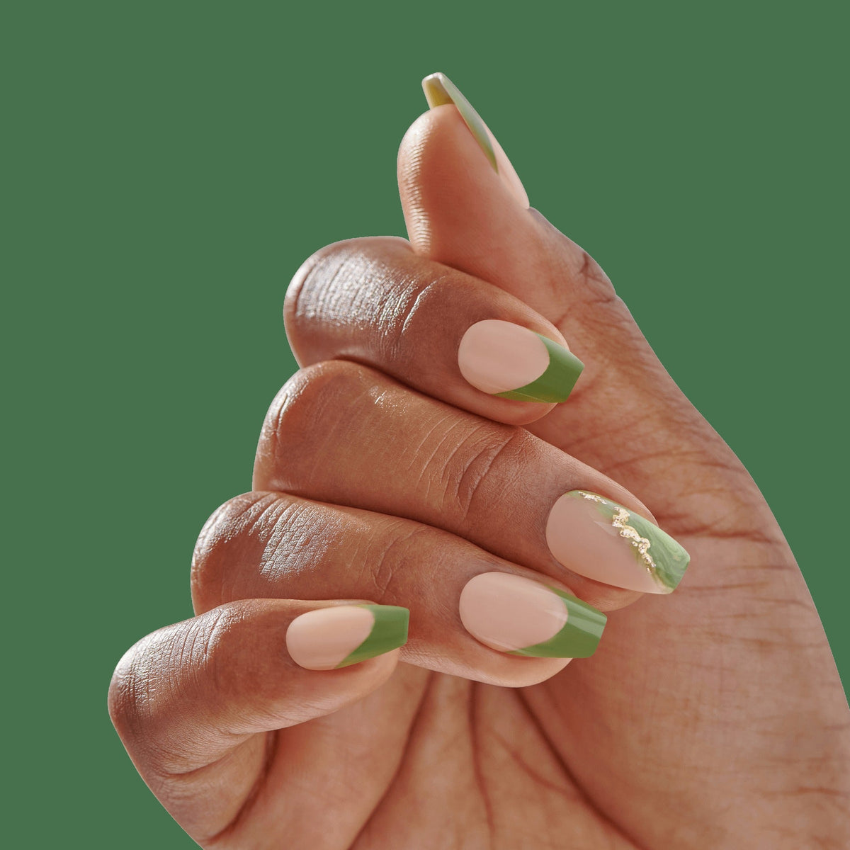 Impress Design No Glue Fake Press On Nails - Ballerina | French Design, Green, Medium, Coffin, Manicure