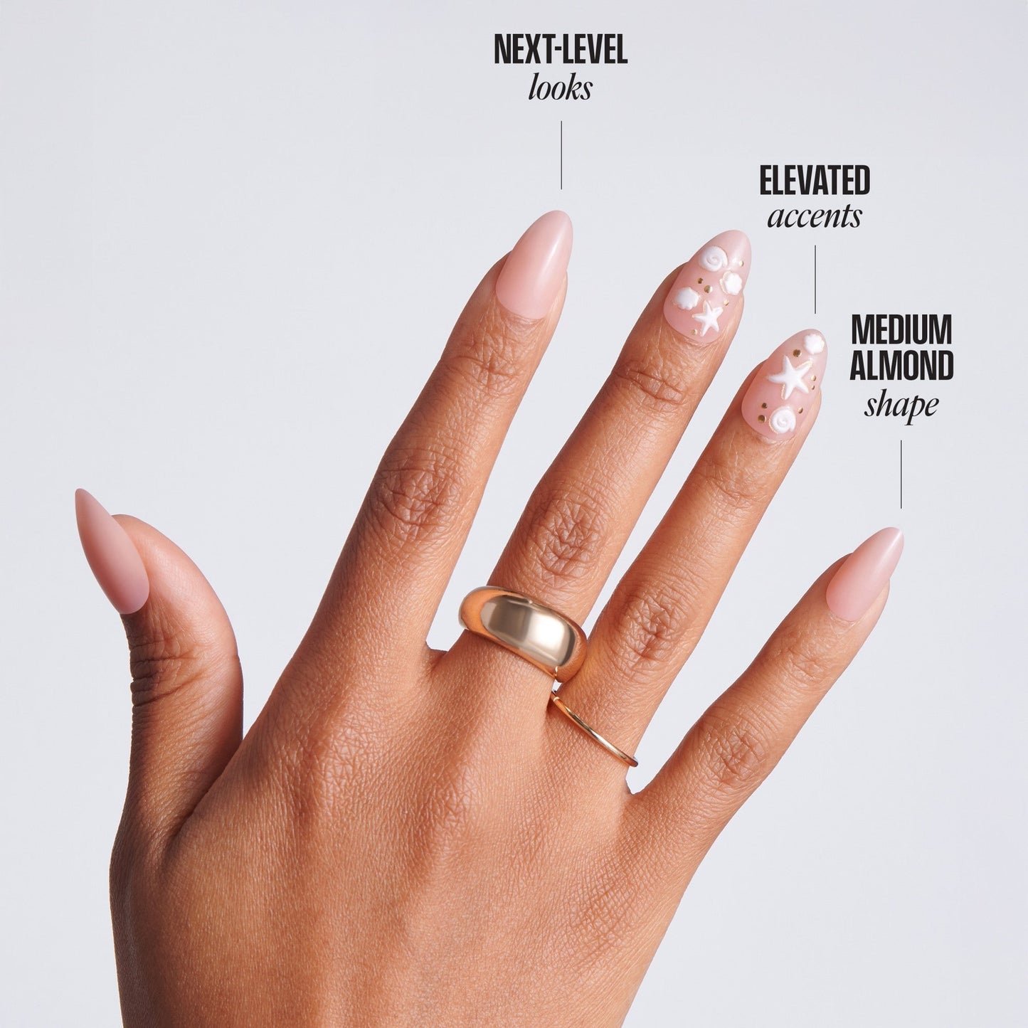 Kiss Glam Jeweled Press On Fake Glue Nails - Shell Me More | 3D & Jewel Design, Pink & White, Medium, Almond