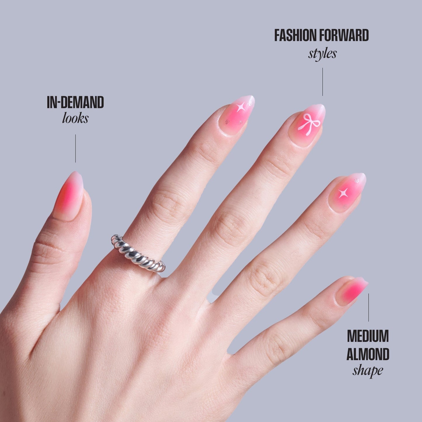 Kiss Core Design Press On Fake Glue Nails - My Time | Design, Pink, Medium, Almond