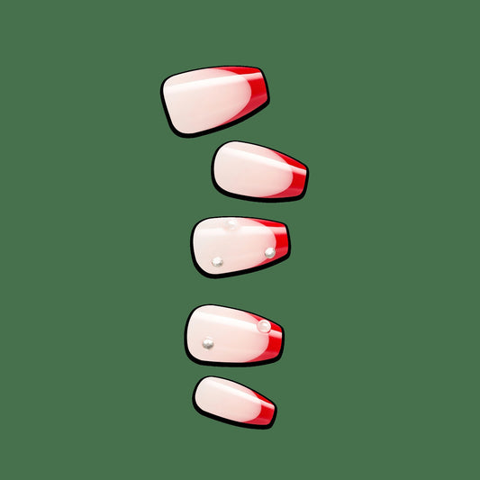 Impress Design No Glue Fake Press On Nails - Happy World | 3D & Jewel French, Red, Medium, Coffin, Manicure
