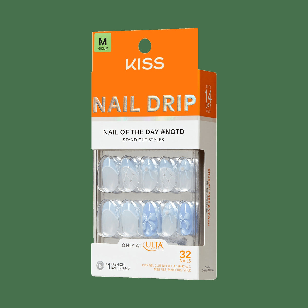 Kiss Nail Drip Press On Fake Glue Nails - Playful Drift | 3D & Jewel French Design, Blue, Medium, Almond