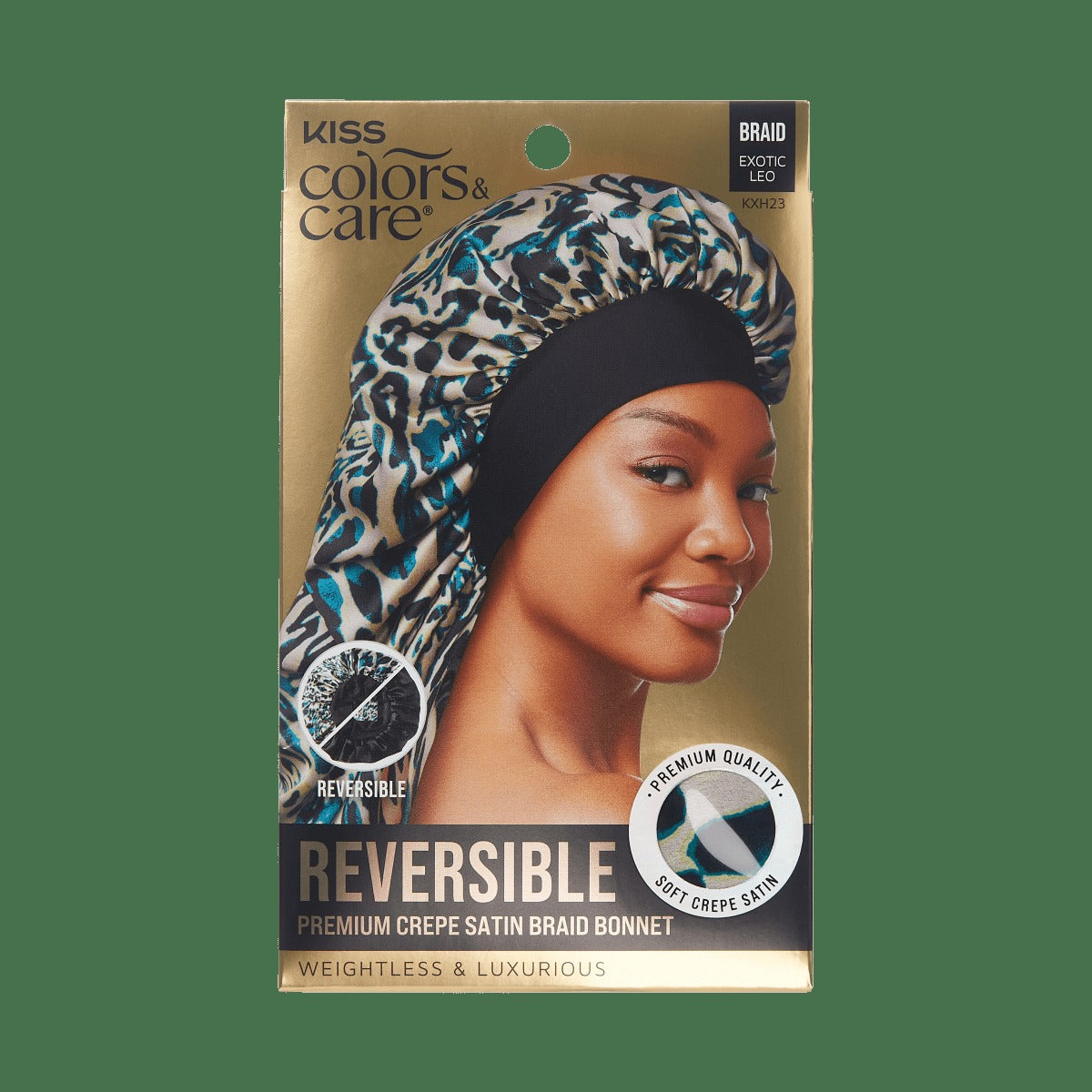 Kiss Colors & Care Crepe Satin Reversible Braid Bonnet - Exotic Leopard | Silk Bonnet, Sleep Bonnet, 24in Long, Hair Accessories