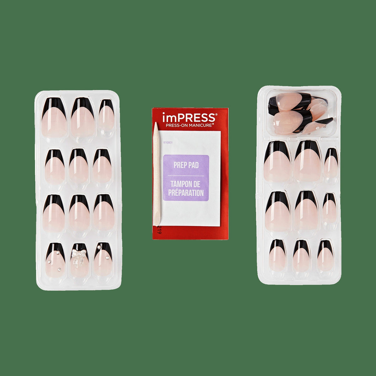 Impress Design No Glue Fake Press On Nails - By The River | 3D & Jewel French, Black, Medium, Coffin, Manicure