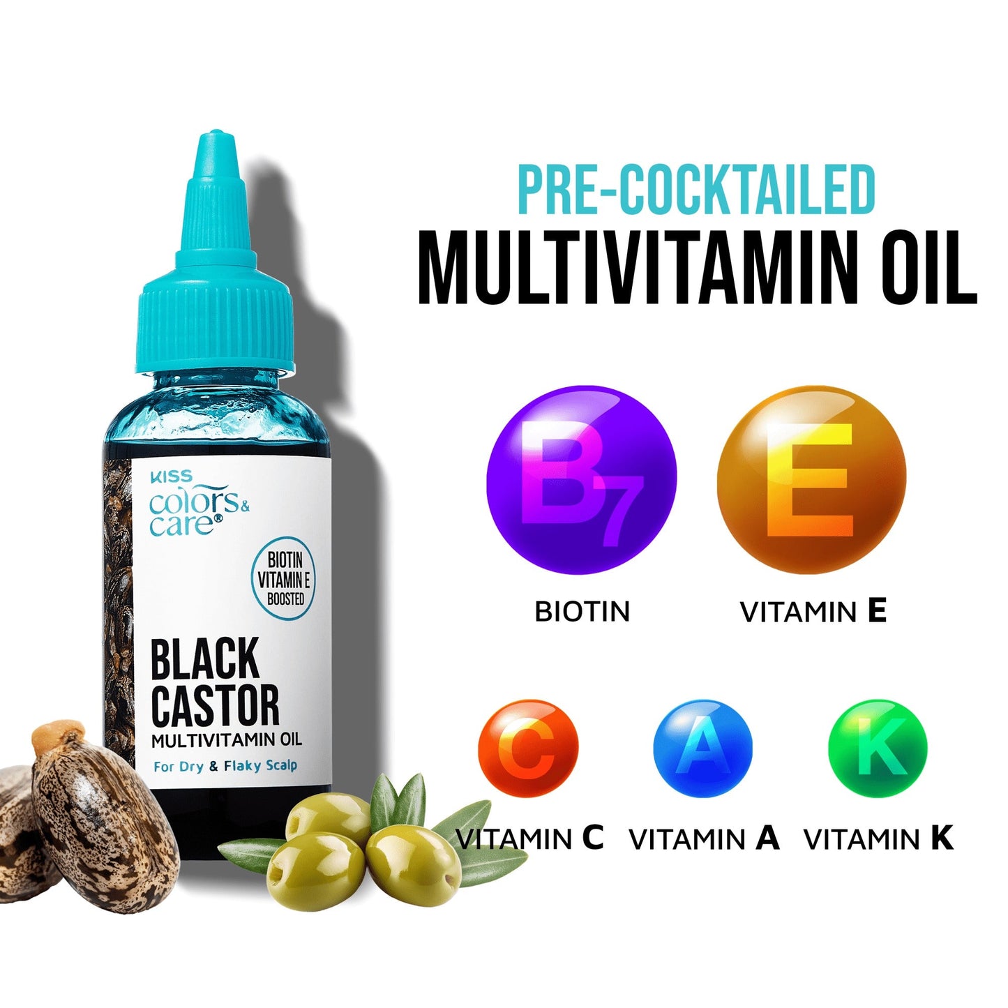 Kiss Colors & Care Multivitamin Oil - Black Castor | For Dry & Flaky Scalp, Hair & Body, Beauty Products, 2.5 oz