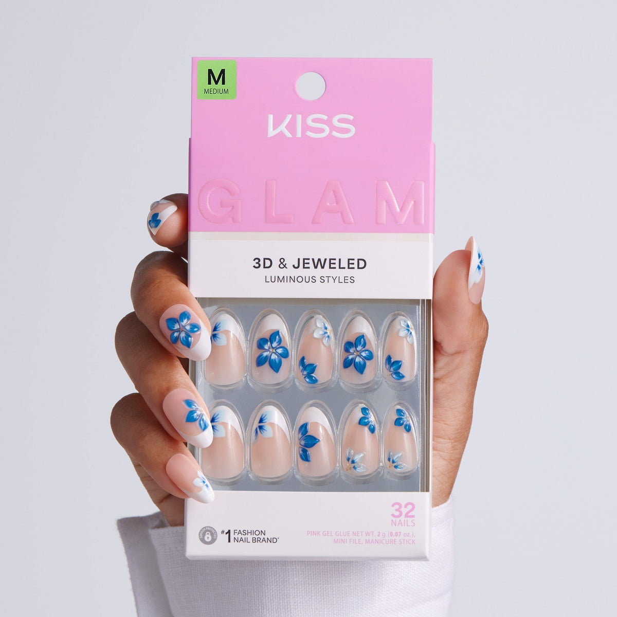 Kiss Glam Jeweled Press On Fake Glue Nails - Summer Drip | 3D & Jewel French Design, Blue & White, Medium, Almond