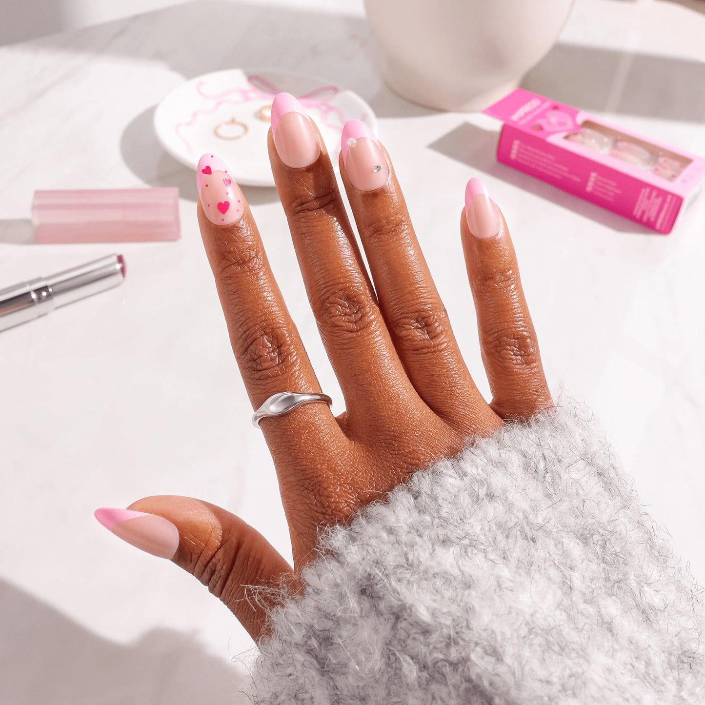 Impress Design No Glue Fake Press On Nails - Still The One | 3D & Jewel French Design, Pink, Medium, Almond, Manicure