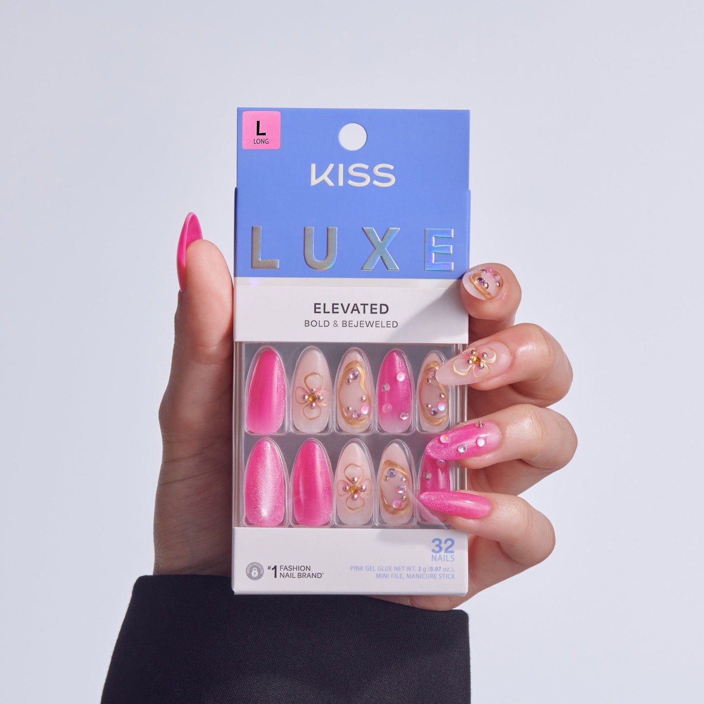 Kiss Luxe Press On Fake Glue Nails - Aurelia Meadow | 3D & Jewel Design, Pink, Long, Almond