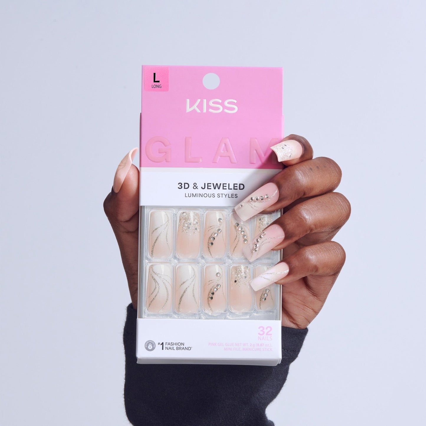 Kiss Glam 3D & Jewel Press On Fake Glue Nails - Wrapped in Beauty | 3D & Jewel French Design, White, Long, Square