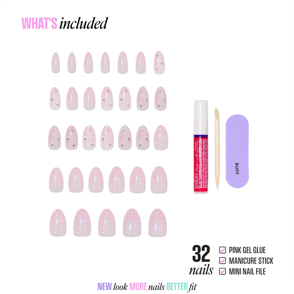 Kiss Glam 3D & Jewel Press On Fake Glue Nails - Breeze of Bliss | Design, Pink, Medium, Almond