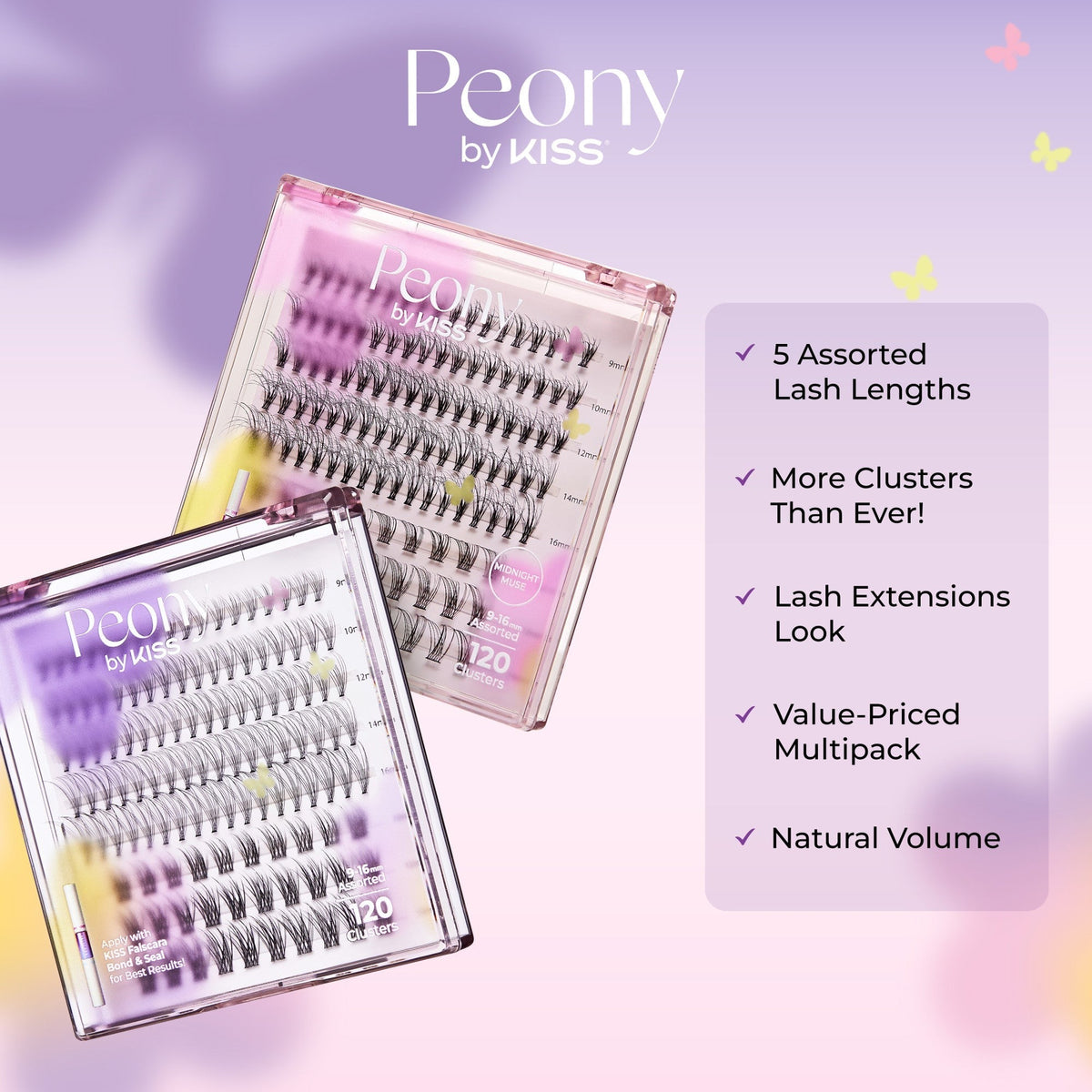 Kiss Peony False Eyelashes Lash Extension Kit - Misty Haze | 120 Clusters, Cluster Lashes, 9mm- 16mm