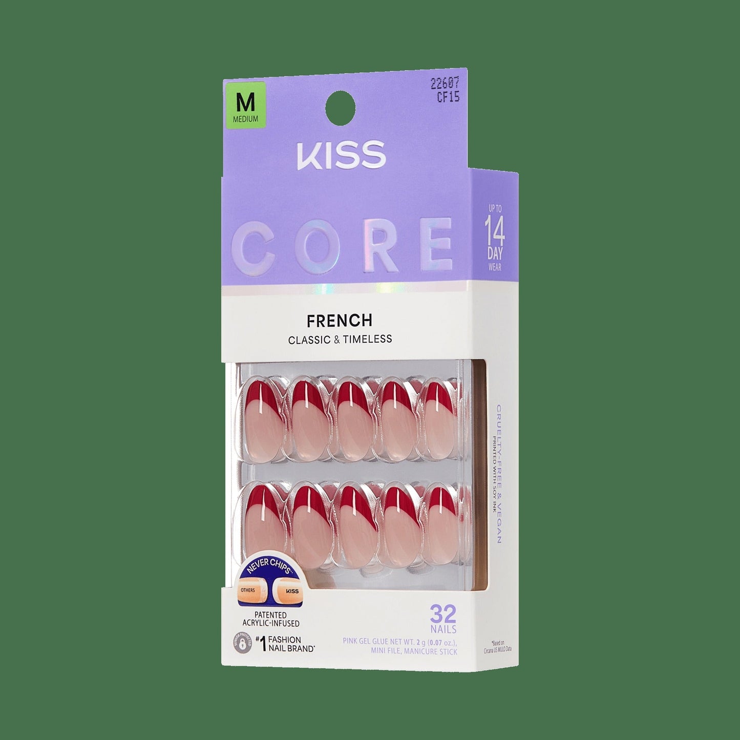 Kiss Core French Press On Fake Glue Nails - Optimistic | French Tips, Red, Medium, Almond