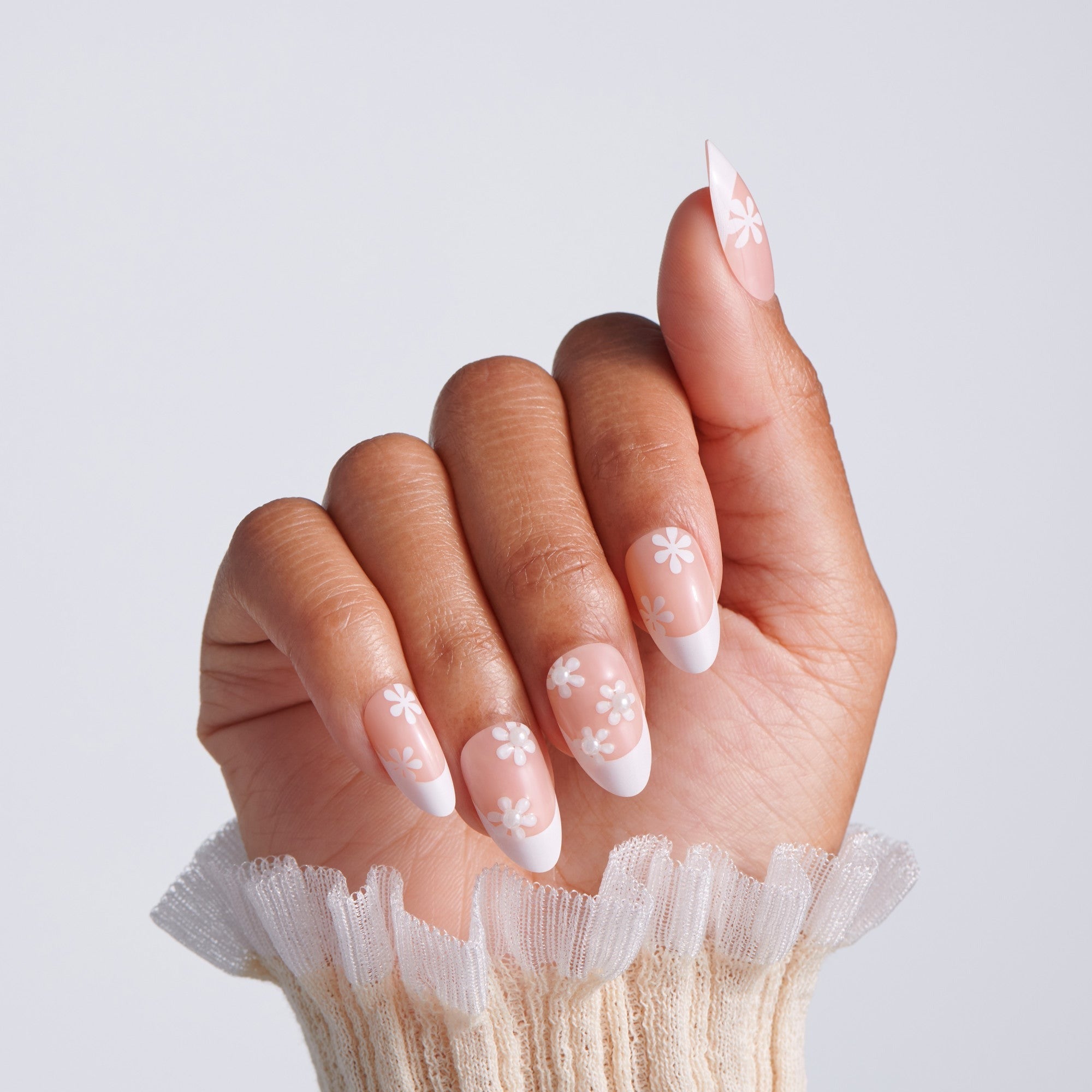 Kiss Glam Jeweled Press On Fake Glue Nails - Crystal Bloom | 3D & Jeweled French Design, White, Medium, Almond