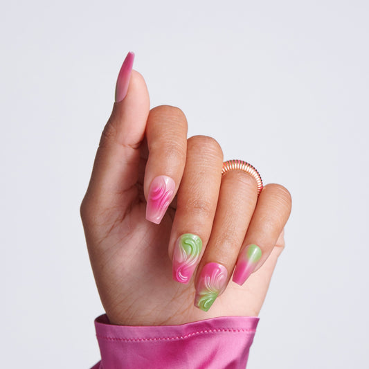 Kiss Glam Jeweled Press On Fake Glue Nails - Coconut Coast | 3D & Jewel Design, Pink & Green, Medium, Coffin