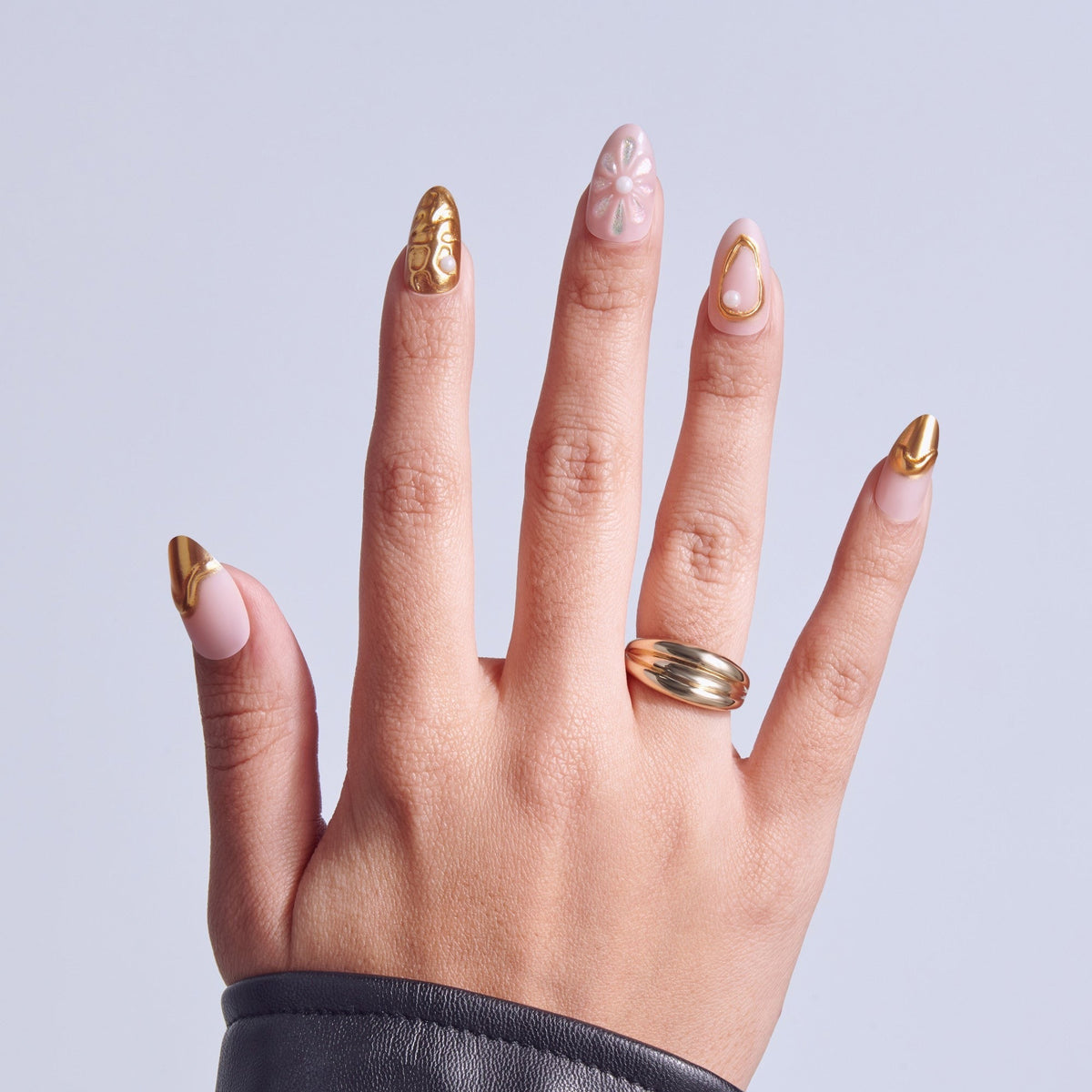 Kiss Luxe Press On Fake Glue Nails - Blossom Tide | 3D & Jewel Design, Gold, Medium, Almond