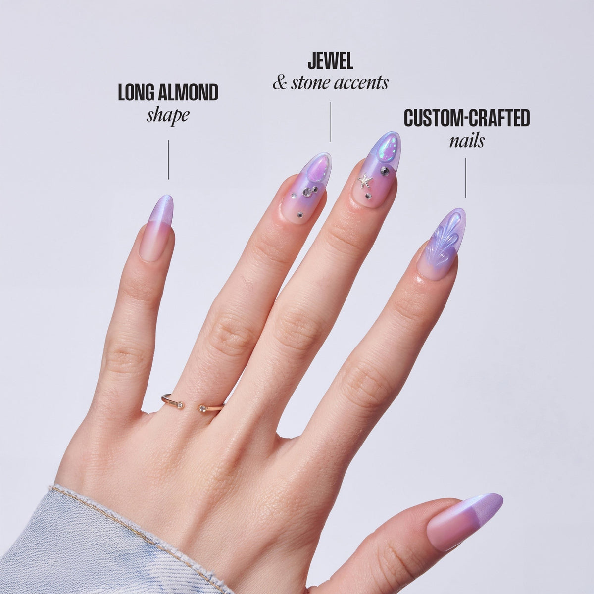 Kiss Luxe Press On Fake Glue Nails - Jasmine Skies | 3D & Jewel Design, Purple, Long, Almond