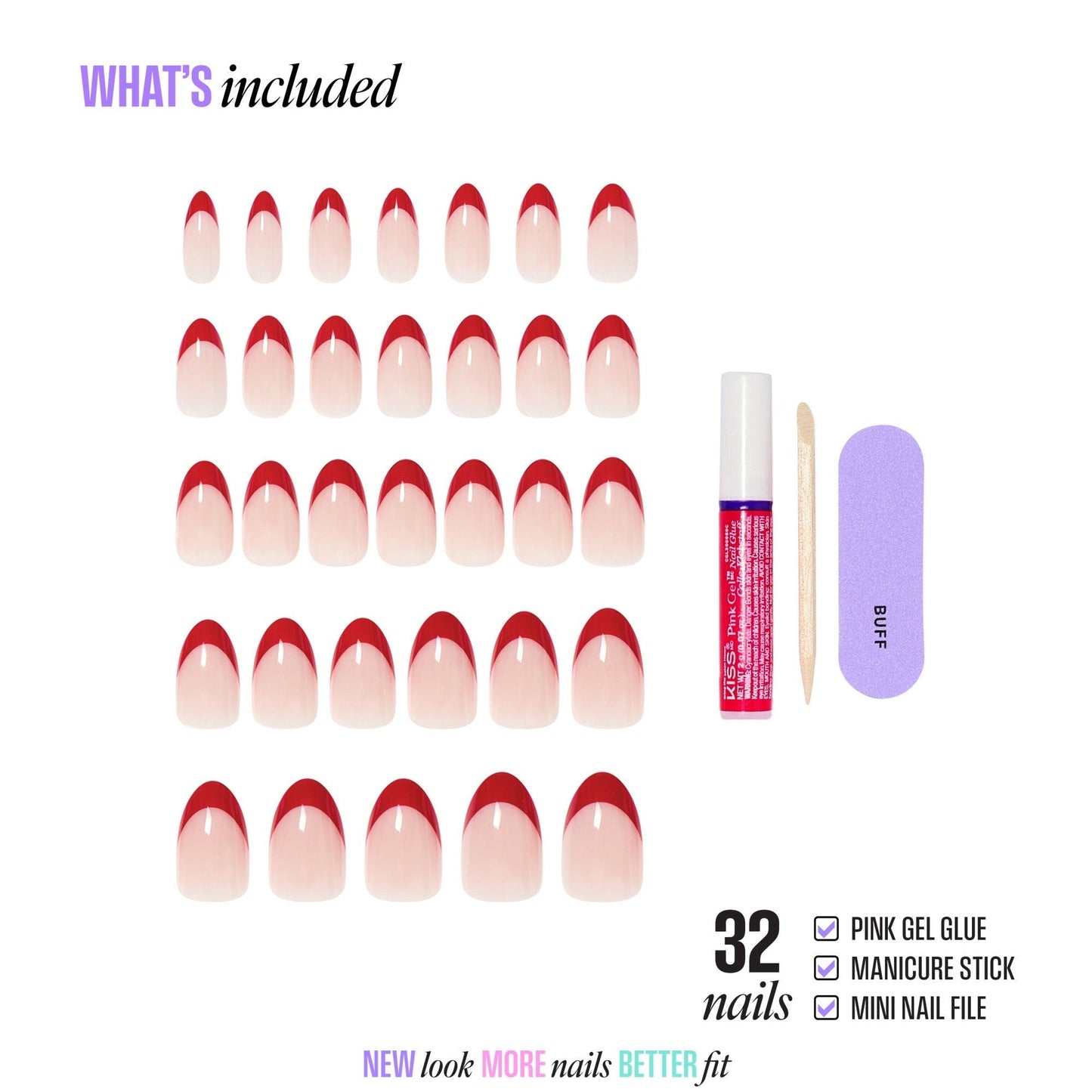 Kiss Core French Press On Fake Glue Nails - Optimistic | French Tips, Red, Medium, Almond