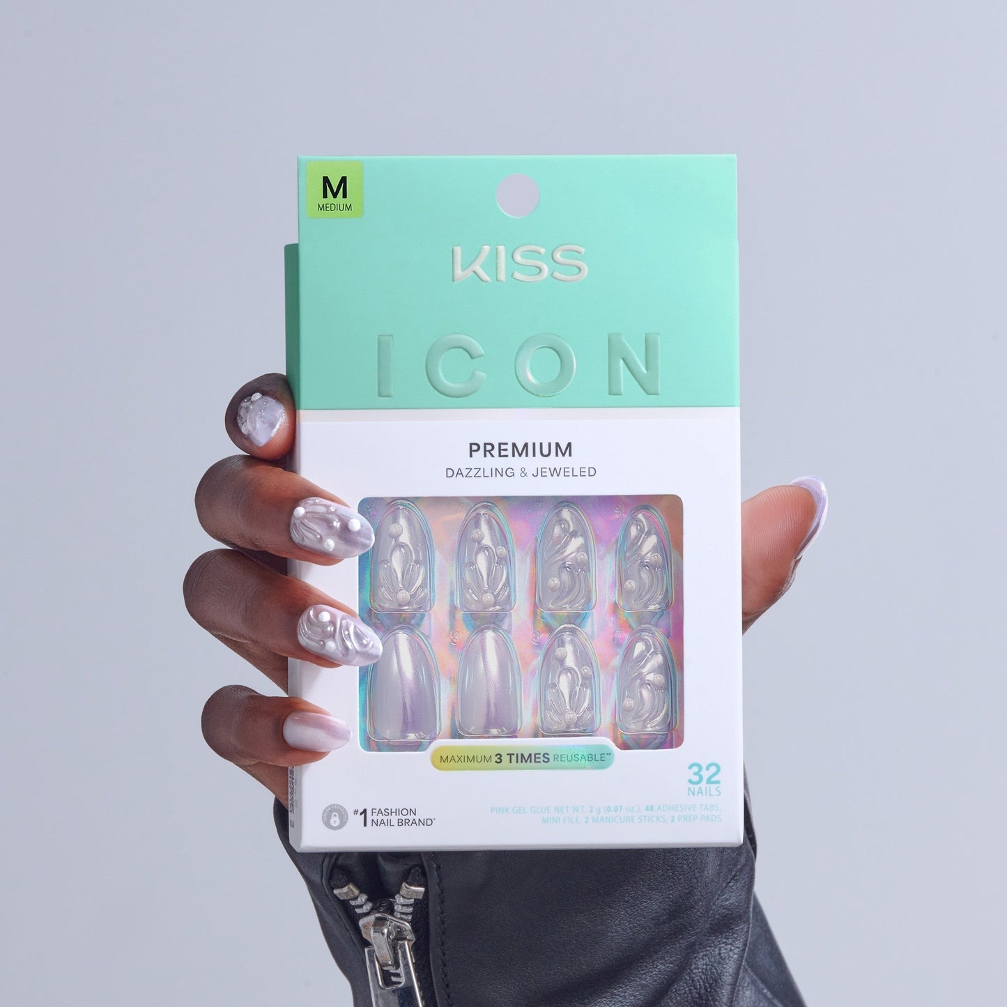Kiss Icon Press On Fake Glue Nails - Remarkable | 3D & Jewel Design, Metallic Purple, Medium, Almond