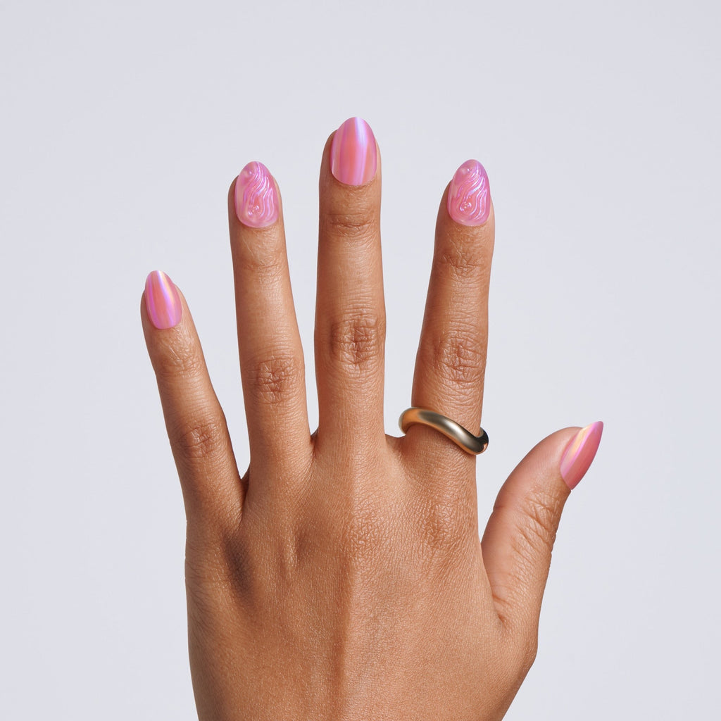 Kiss Glam Jeweled Press On Fake Glue Nails - Starry Chiffon | 3D & Jeweled Design, Pink, Short, Almond