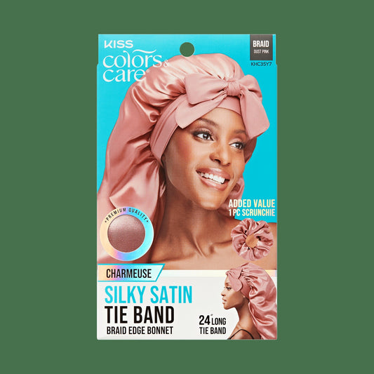 Kiss Colors & Care Silky Satin Tie Band Braid Edge Bonnet - Dust Pink | Silk Bonnet, Sleep Bonnet, Includes Scrunchie, Hair Accessories