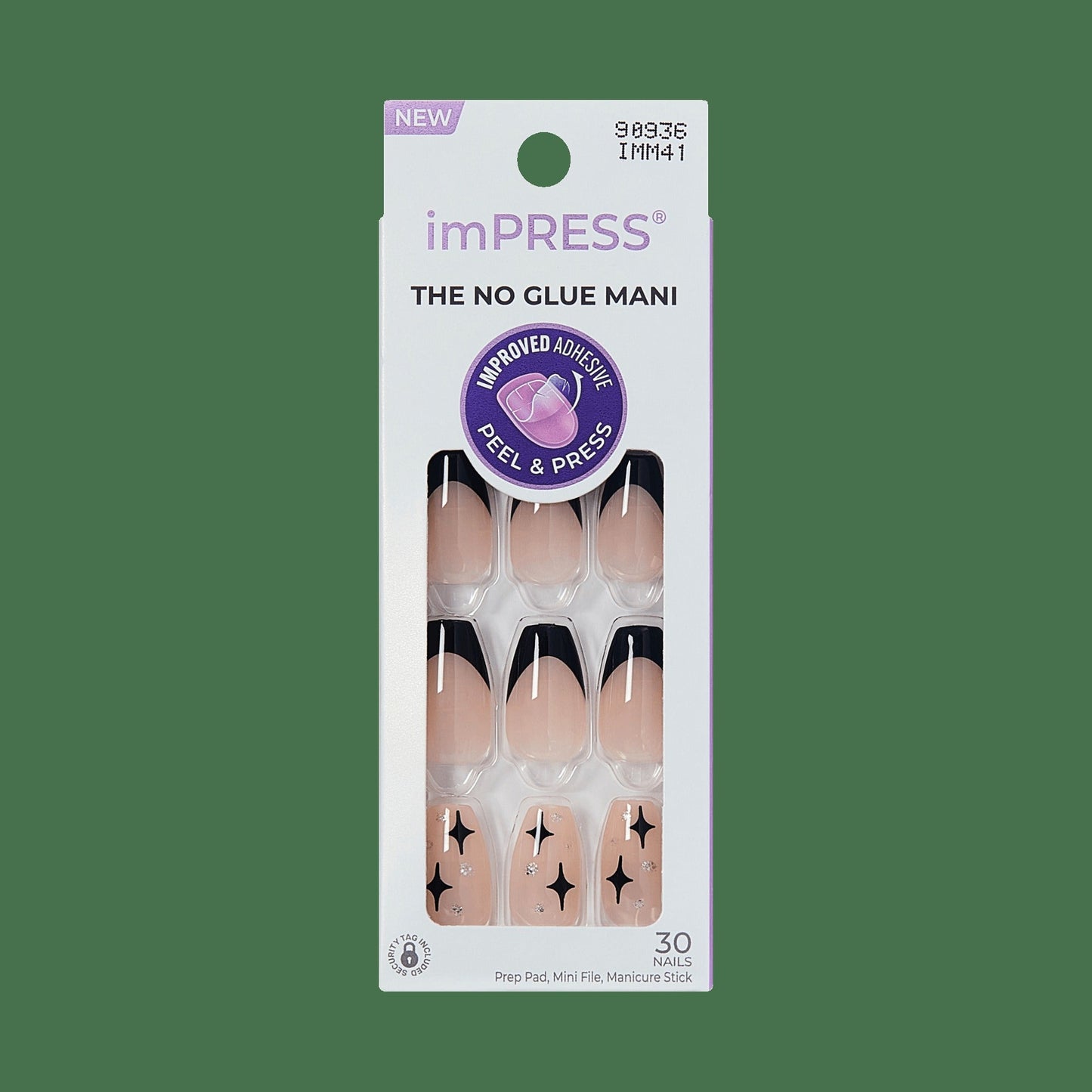 Impress Design No Glue Fake Press On Nails - For the Night | French Design, Black, Medium, Coffin, Manicure