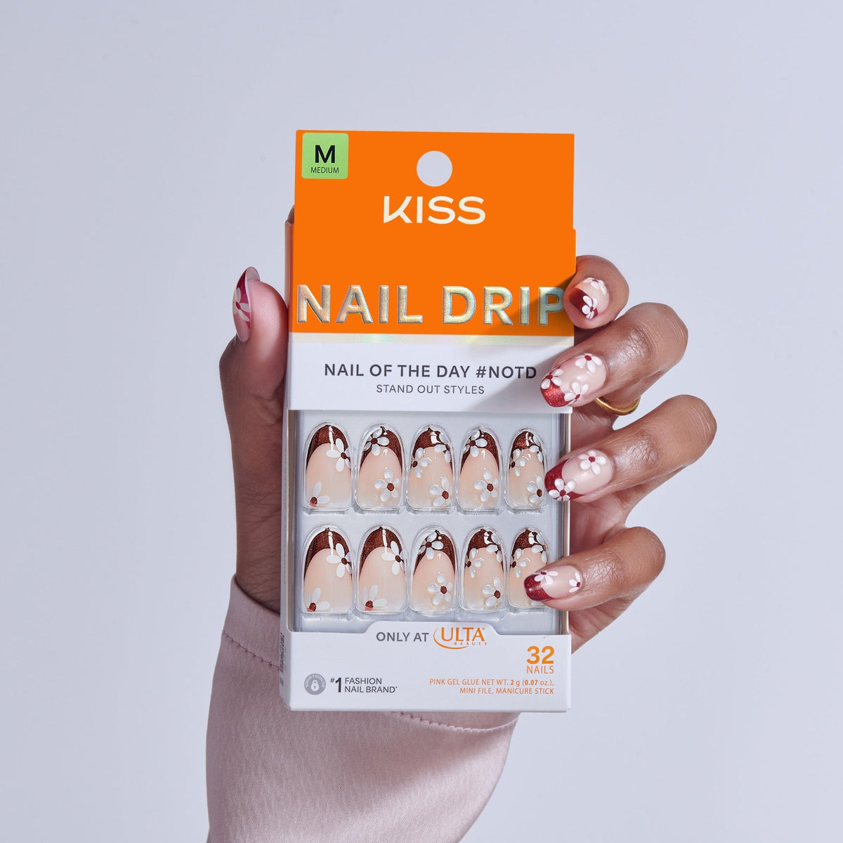 Kiss Nail Drip Press On Fake Glue Nails - Like-Minded | 3D & Jewel French Design, Red, Medium, Almond